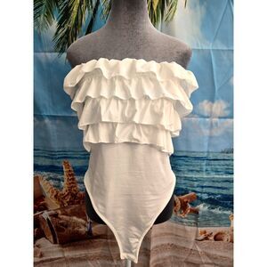 Shein White Ruffle Trimmed Strapless Bodysuit Size L